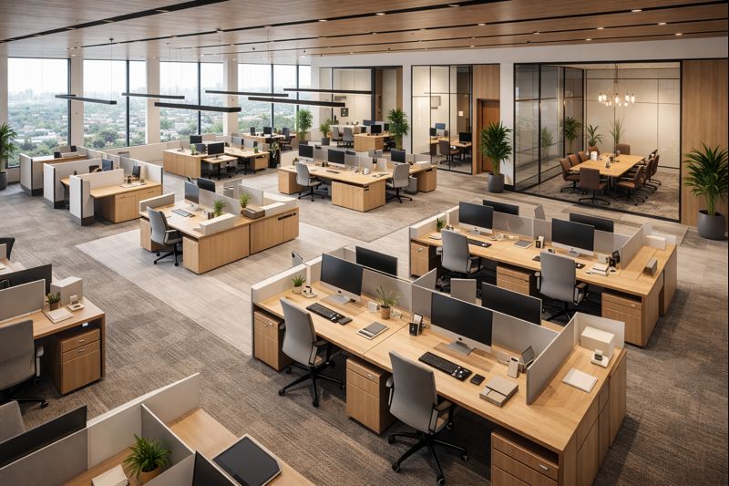 Open-plan workspace with commercial interior design and ergonomic workstations