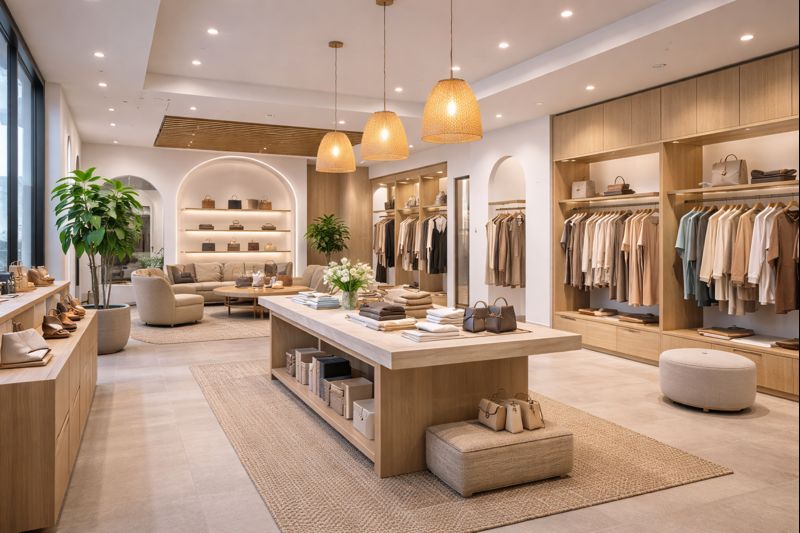 Boutique retail space highlighting commercial interior design and warm lighting