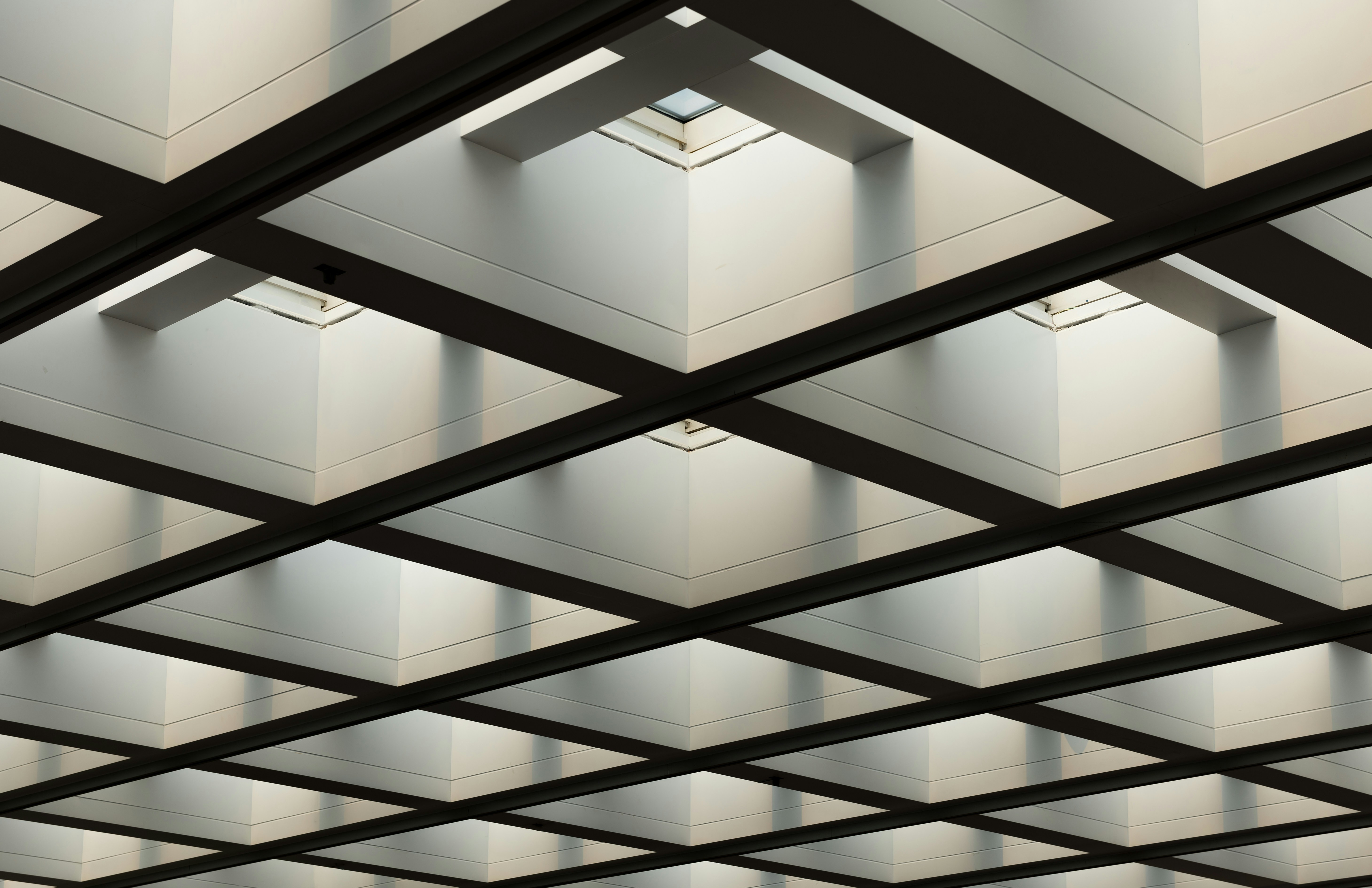Upward view of a coffered grid ceiling with recessed skylight openings in a commercial building