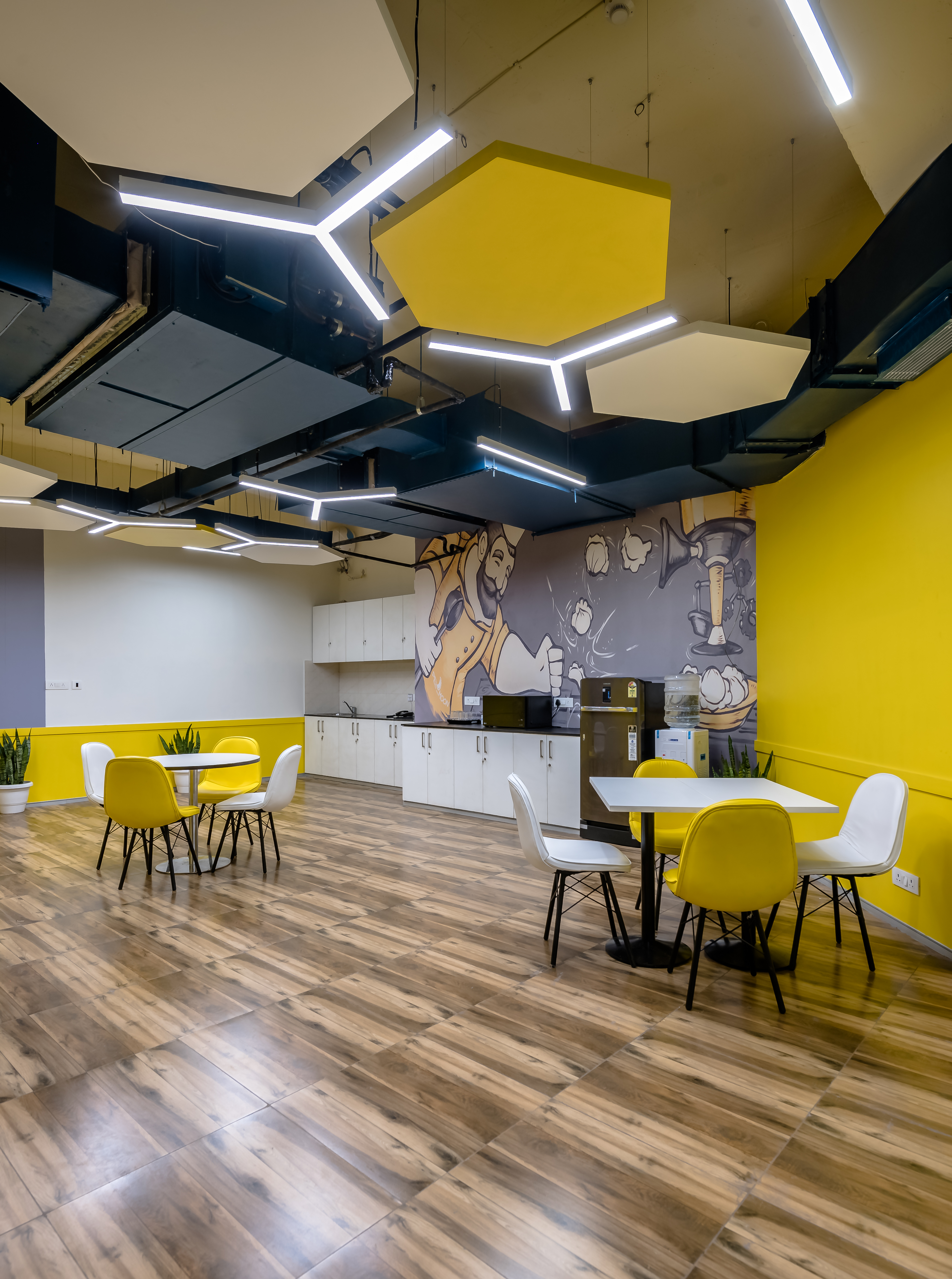 Office cafeteria at Revolve with modern seating