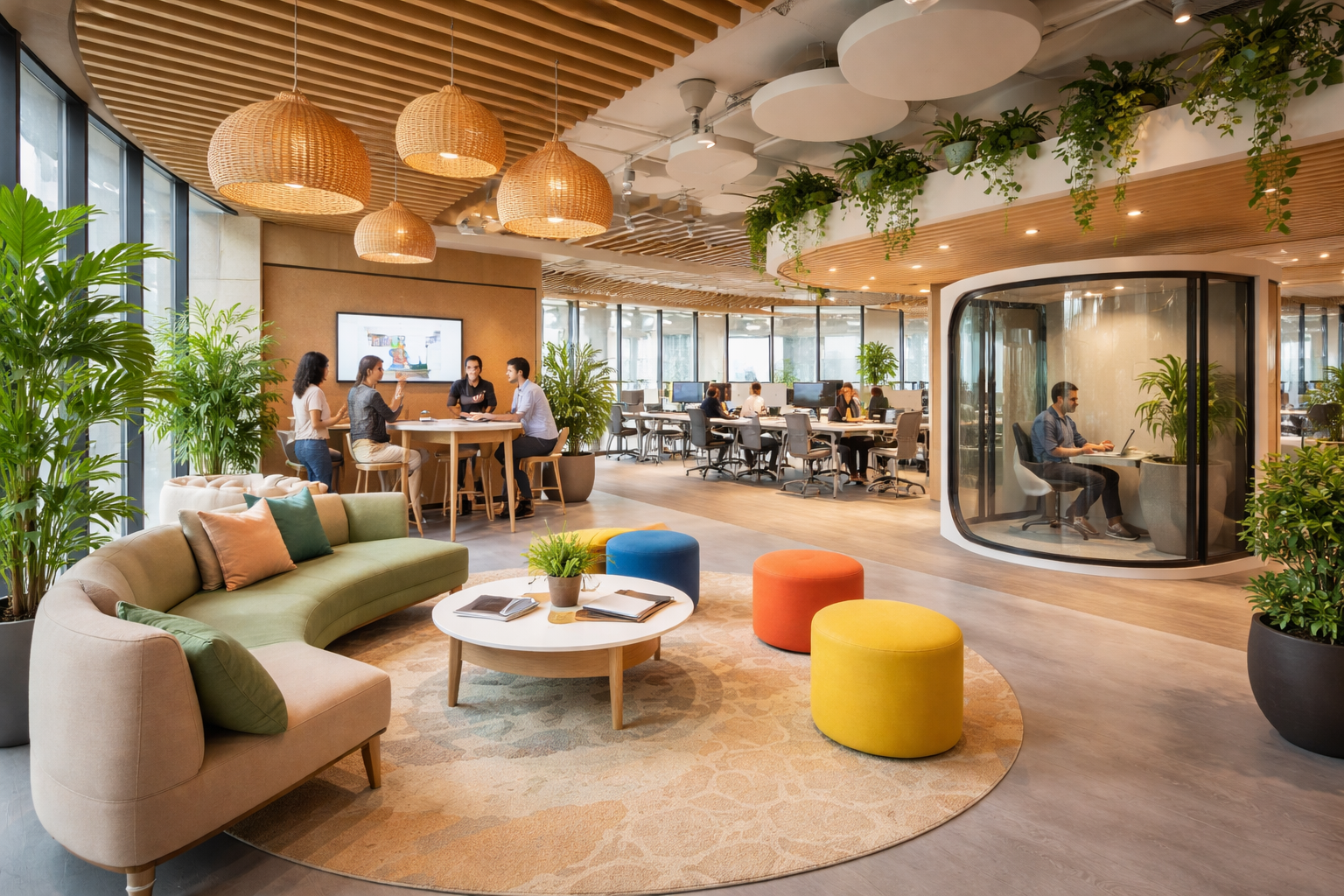Open collaboration areas paired with quiet focus zones in a flexible workplace