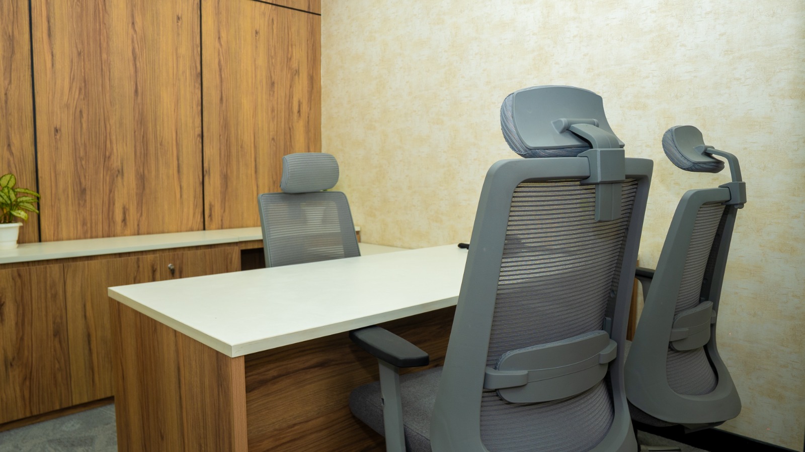 Director cabin with executive desk, storage wall, and neutral palette finishes at Valorium Ventures office interior
