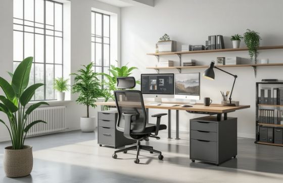 Office workspace with optimized natural lighting featuring floor-to-ceiling windows and light-distributing glass partitions