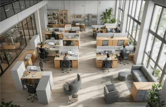 Strategic office space planning showing effective layout with collaborative zones, private workspaces, and natural circulation paths