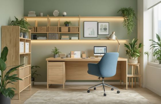 Modern office with strategic color psychology featuring calming blues, energizing yellows, and balanced neutral tones