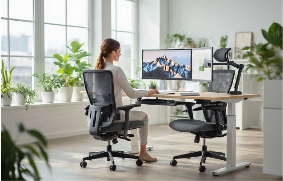Ergonomic office furniture setup with adjustable desks, supportive chairs, and optimized monitor positioning
