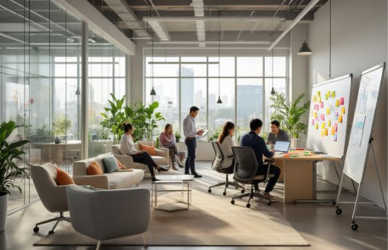 Collaborative office space with flexible seating, writable surfaces, and informal gathering areas promoting teamwork and innovation