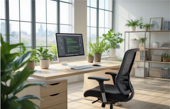Smart office technology setup with integrated displays, wireless presentation systems, and robust connectivity